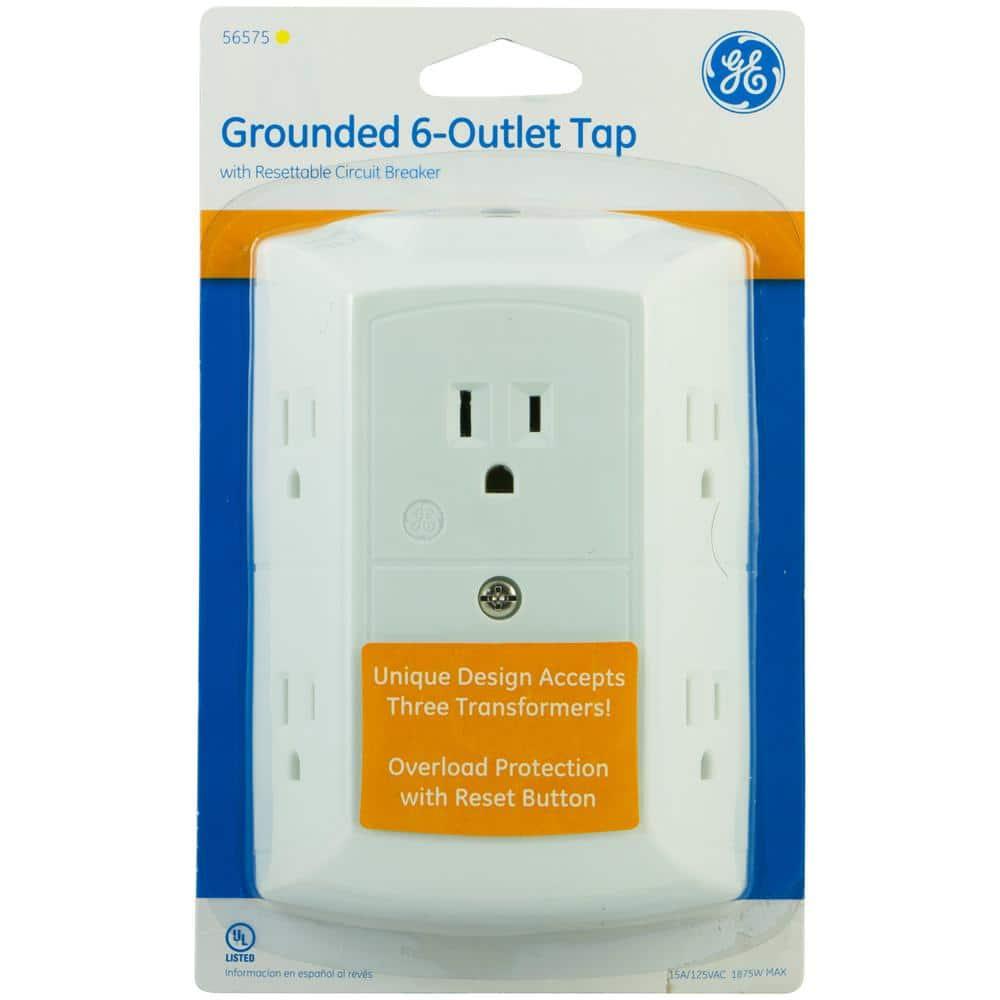 GE 6-Outlet Wall Adapter, Reset Button, Wide Spaced Outlets, 56575
