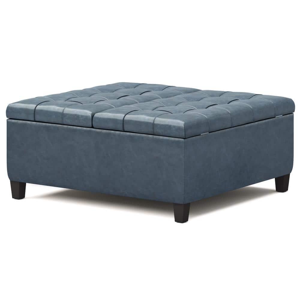 Simpli Home Harrison 36"W Upholstered Square Coffee Table Storage Ottoman with Split Lift Top
