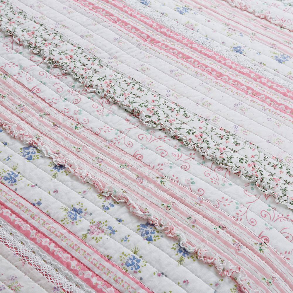 Pink Rose Peonies Ruffle 4-Piece Pink Floral Stripe Cotton Bedding Set with Decor Pillow King Quilt Set