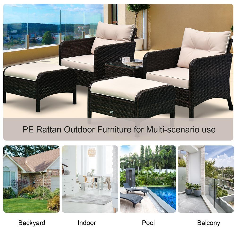 Outsunny 5 Piece Rattan Wicker Lounge Chair, Outdoor Patio Conversation Set with 2 Cushioned Chairs, 2 Ottomans & Top Coffee Table, Brown
