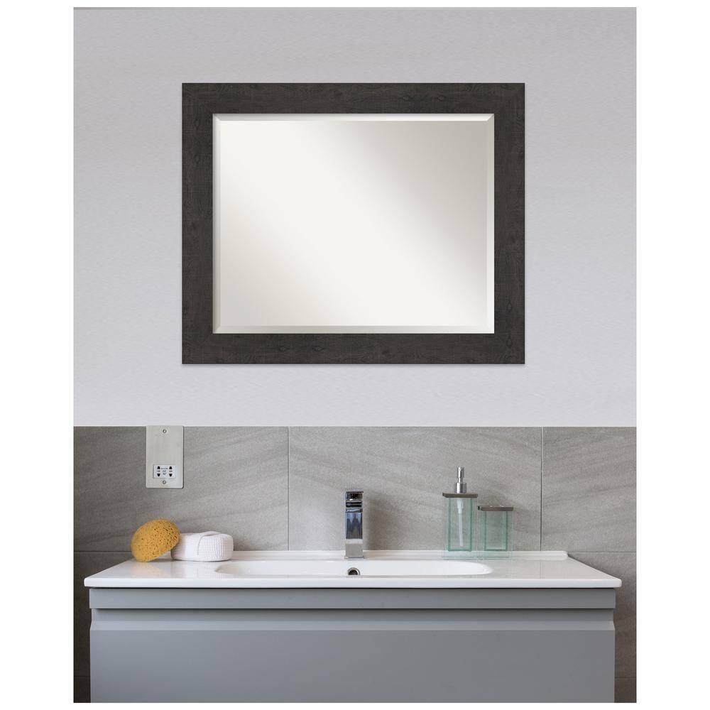 Amanti Art Beveled Bathroom Wall Mirror - Rustic Plank Espresso Frame Outer Size: 33 x 27 in