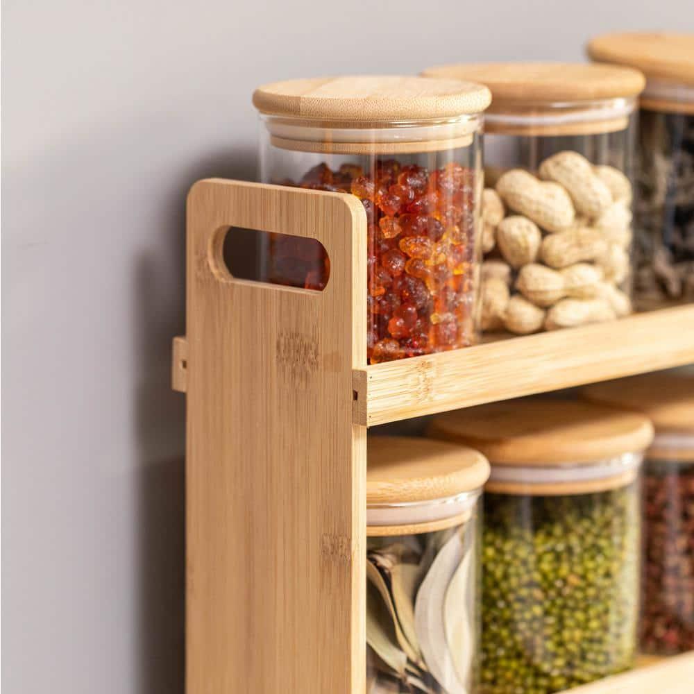 Basicwise 3-Tier Bamboo Spice Rack & Pantry Organizer with 12 Glass Jars.Perfect for Storage in Kitchens to Keep Seasoning Containers Neatly Displayed