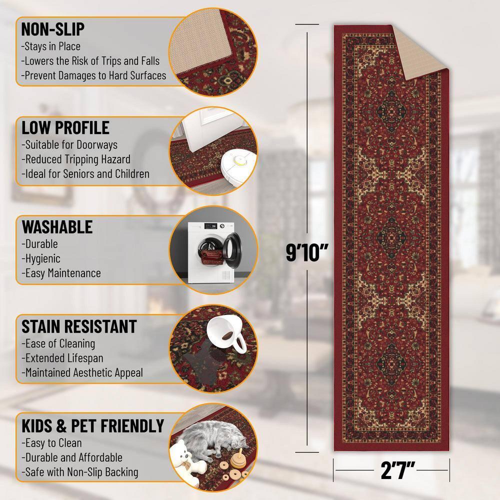 Ottohome Non-Slip Medallion Oriental Area Rug For Living Room, Hallway, Entryway Rug, Dark Red