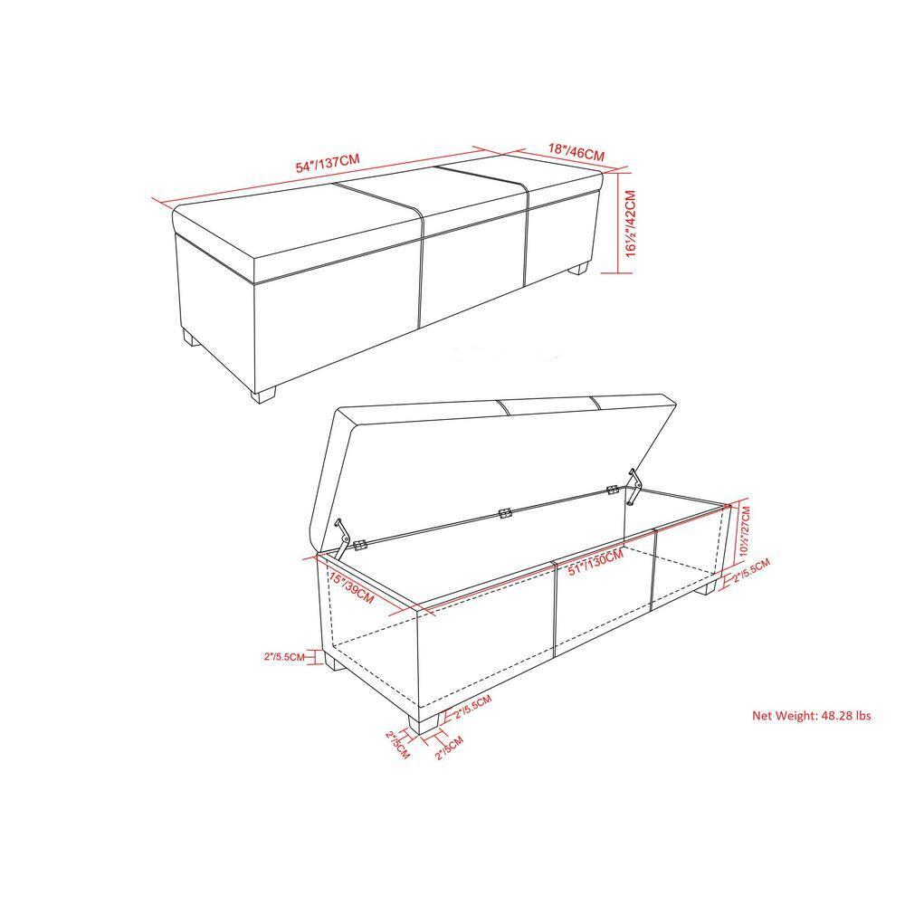 Simpli Home Avalon 54"W Upholstered Storage Ottoman Bench with Interior Storage and Safety Hinges