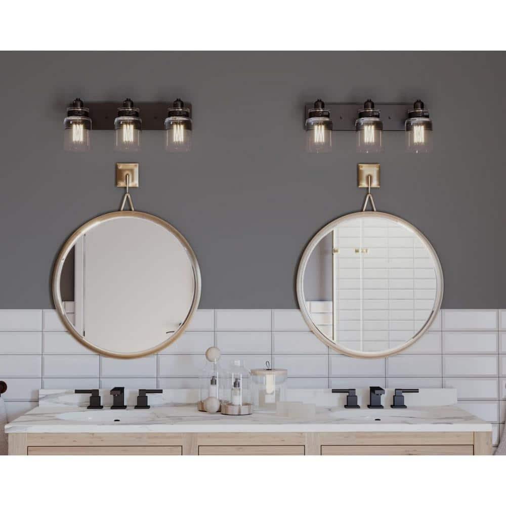 Progress Lighting Calhoun 3-Light Bath Vanity, Steel, Antique Bronze, Clear Glass Shade