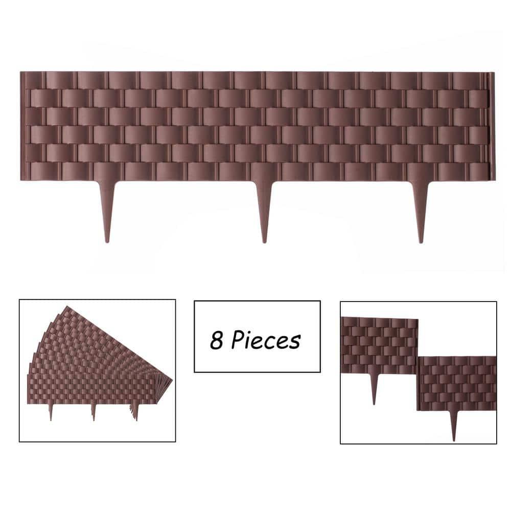 Gardenised Set of 8 Pcs Rattan-Inspired Plastic Landscape Edging and Garden Fence Borders in a Rich Coffee Hue for Lawn, Outdoor Patio, Garden
