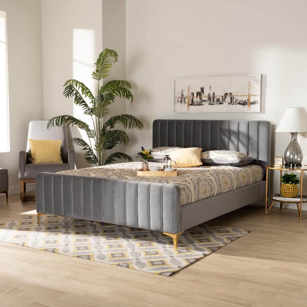 King Nami Velvet Platform Bed Light Gray/Gold - Baxton Studio