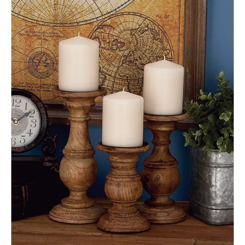 DecMode Traditional and Timeless Mango Wood Pillar Candle Holder Set of 3, 4", 8", 10"H, Brown Finish