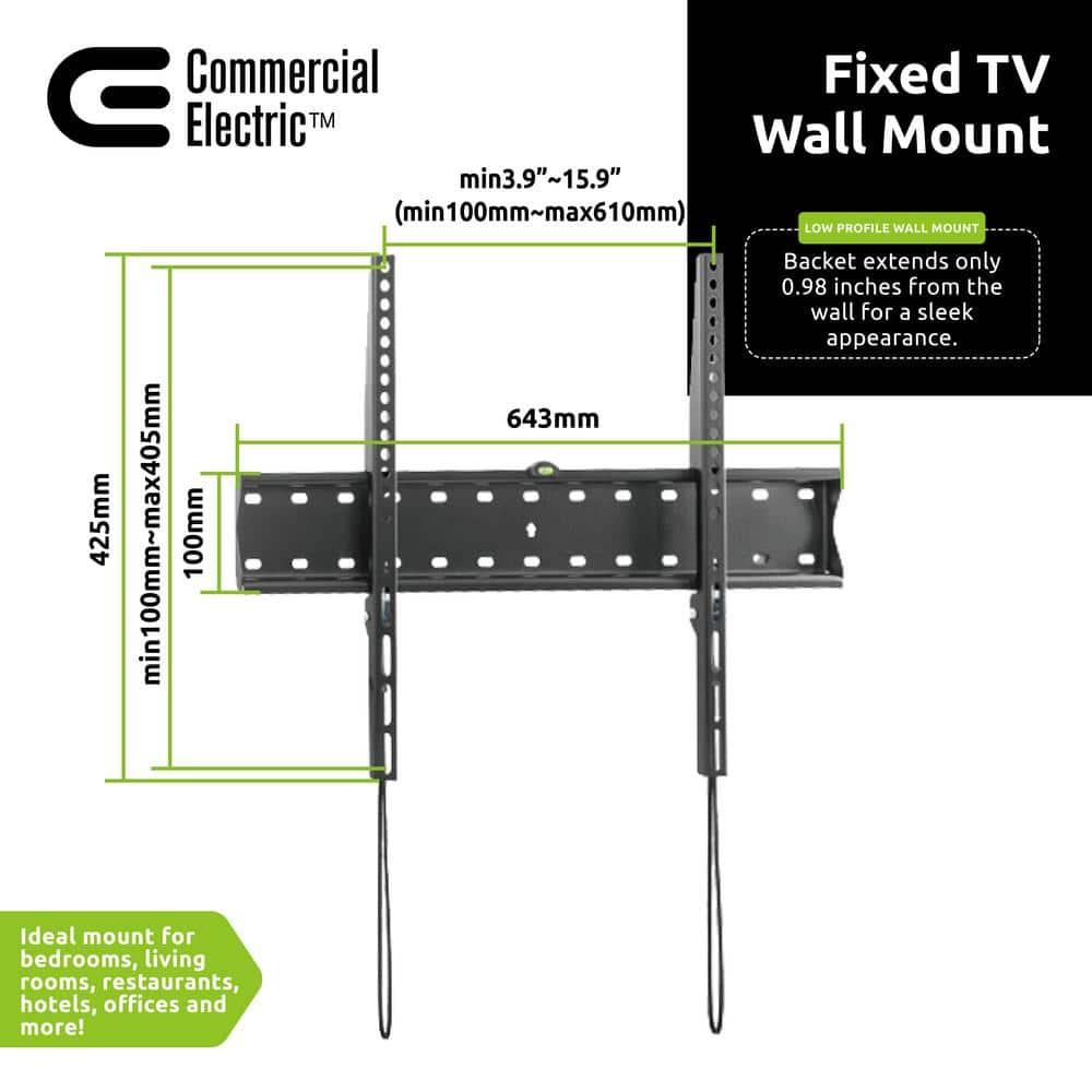 Black Steel Fixed TV Wall Mount for 42 to 90 Inch Screens
