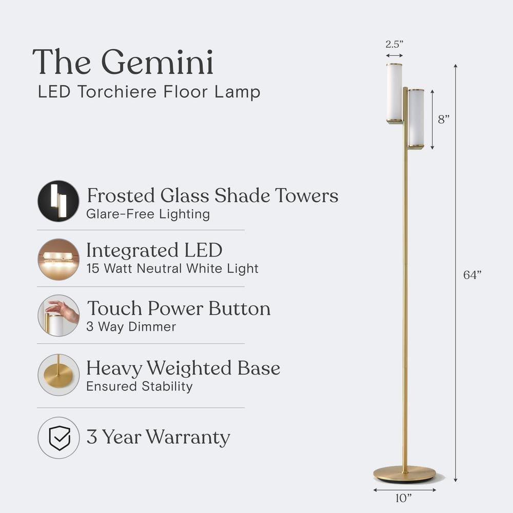Brightech Gemini 64 in. Industrial 2-Light 3-Way Dimming LED Floor Lamp with 2 Glass Cylinder Shades