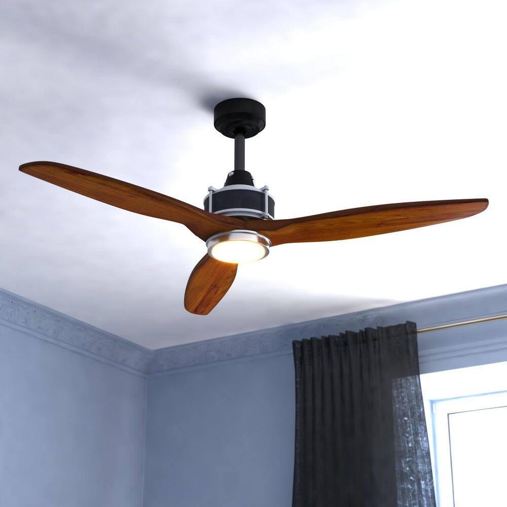 VAXCEL Curtiss 52-in. Contemporary Indoor Outdoor Propeller Ceiling Fan with Wood Blades, LED Light Kit and Remote, Matte Black and Brushed Silver