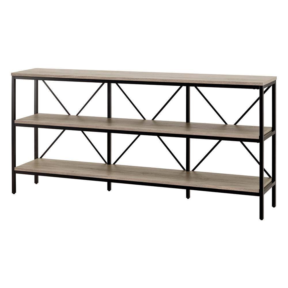 Evelyn&Zoe Kira 64" Wide Rectangular Console Table, Blackened Bronze/Antiqued Gray Oak
