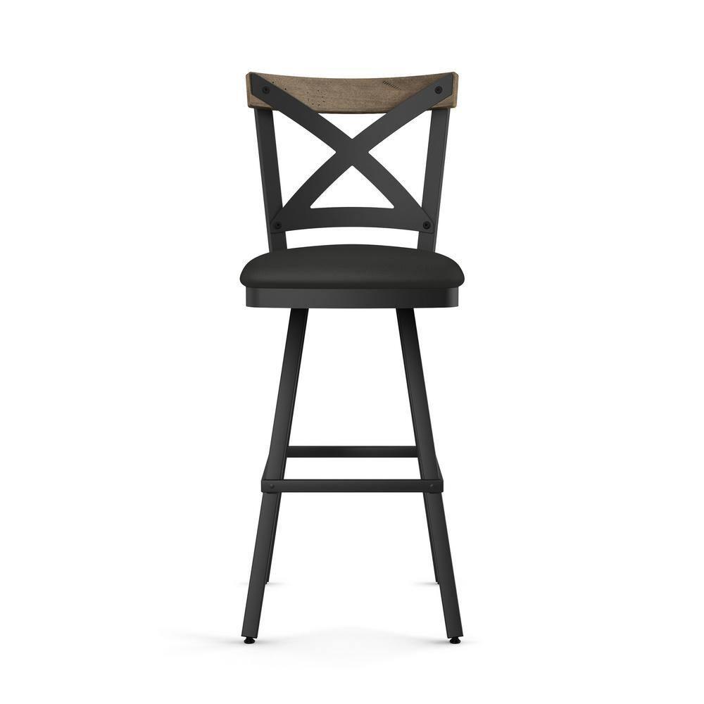Snyder Industrial Swivel Bar Stool in Black Faux Leather and Beige Wood