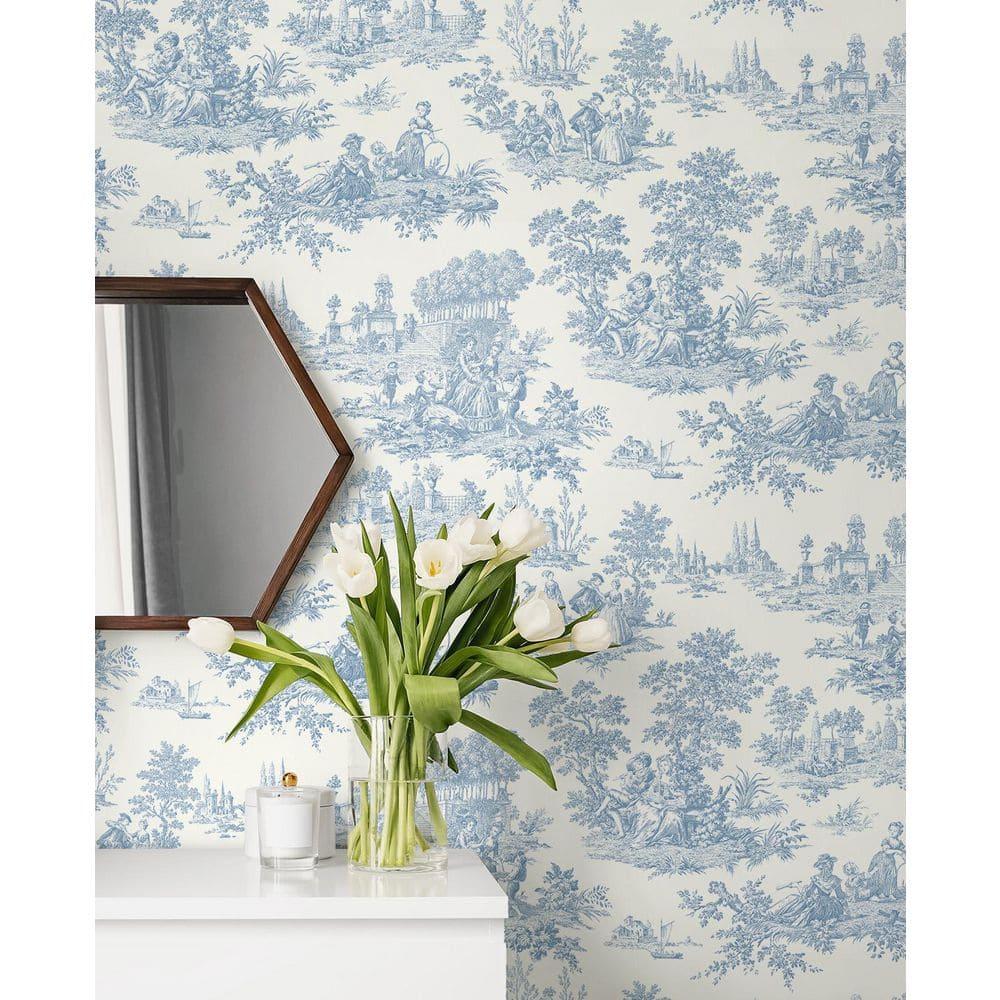 Seabrook Designs Blue Bell Chateau Toile Prepasted Wallpaper