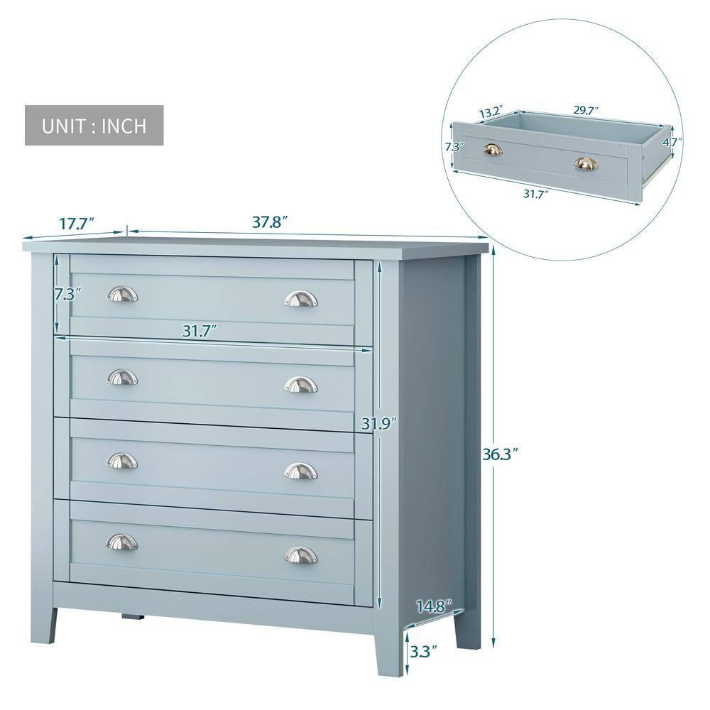 GDFStudio Bowen Grayish Blue Birch Wood Drawer Dresser with Shell Handle, 4 Tier