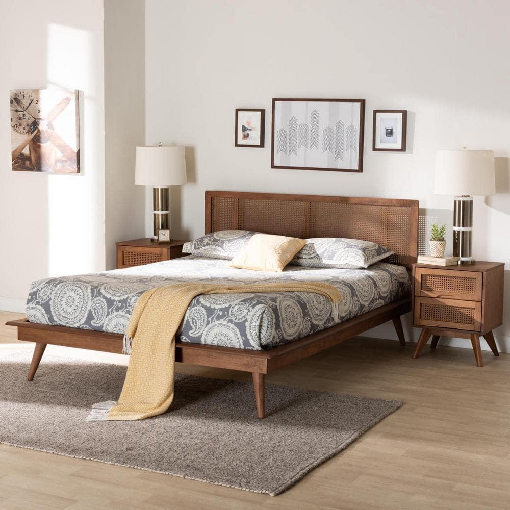 Baxton Studio Nura Walnut Brown Wood and Rattan King Size 3-Piece Bedroom Set