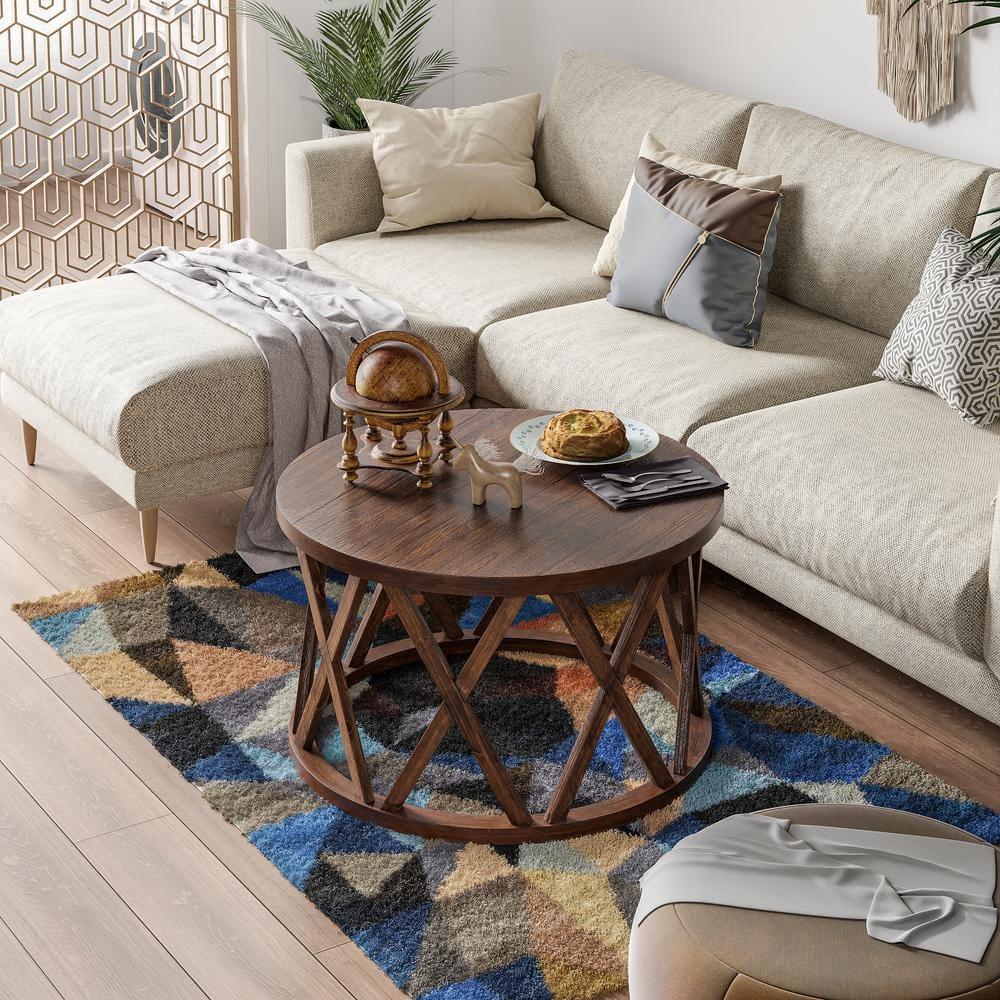 COZAYH Farmhouse Coffee Table, Rustic Round Coffee Table with X-Motifs Legs, Wood Textured Top, for Boho, French Country Decor, Brown