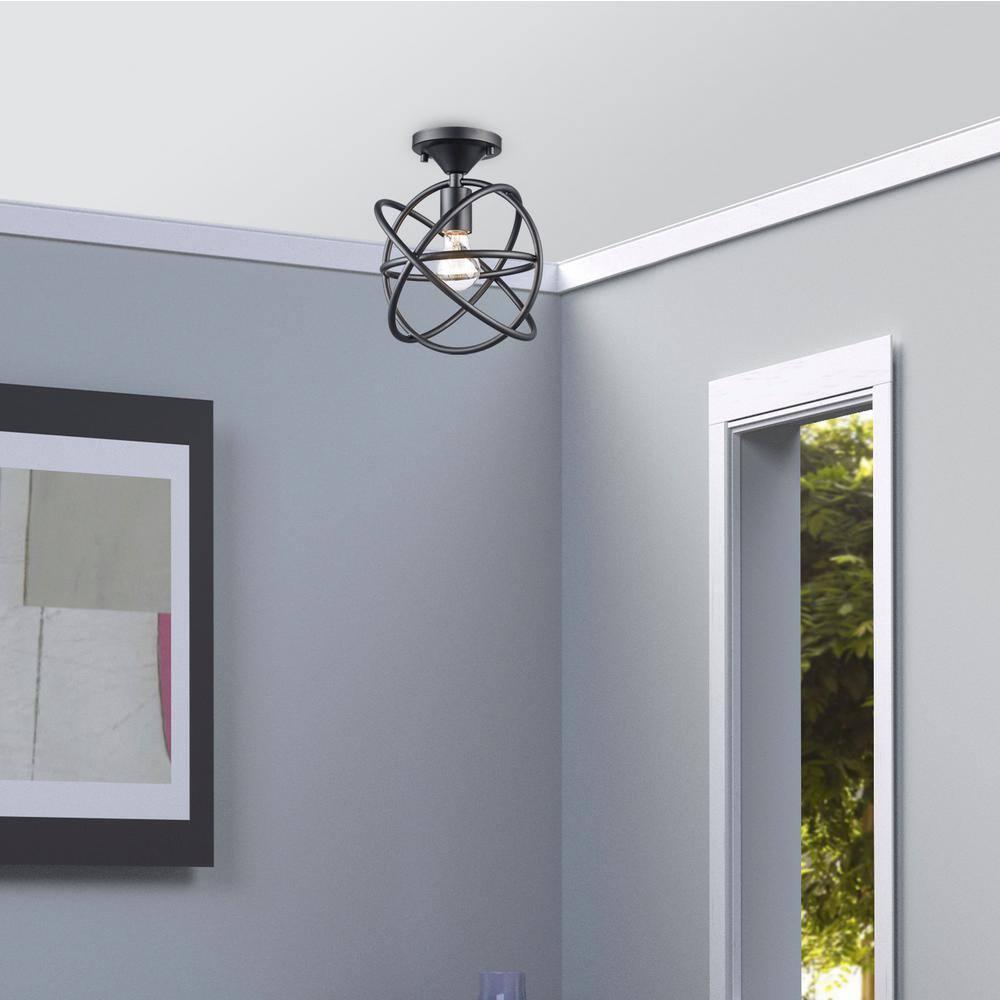 Viewridge 10 in. 1-Light Black Semi-Flush Mount Ceiling Light Fixture with Metal Globe Shade