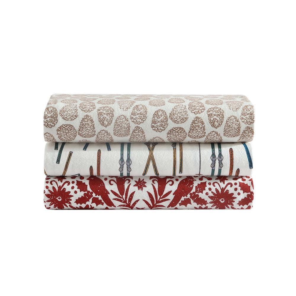 Beige Cotton Flannel Twin Sheet Set with Pine Cone Print