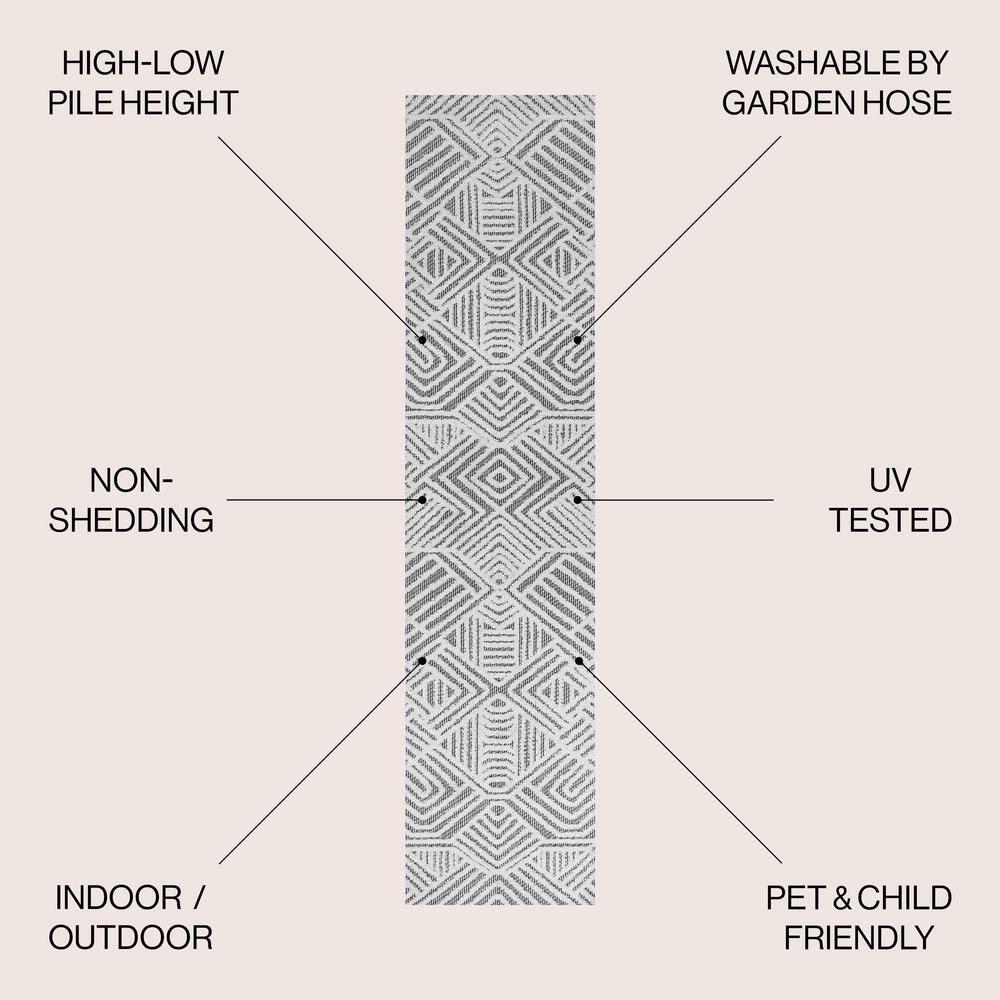 2'x8' Jordan High-Low Pile Art Deco Geometric Indoor/Outdoor Runner Rug, White/Black - JONATHAN Y