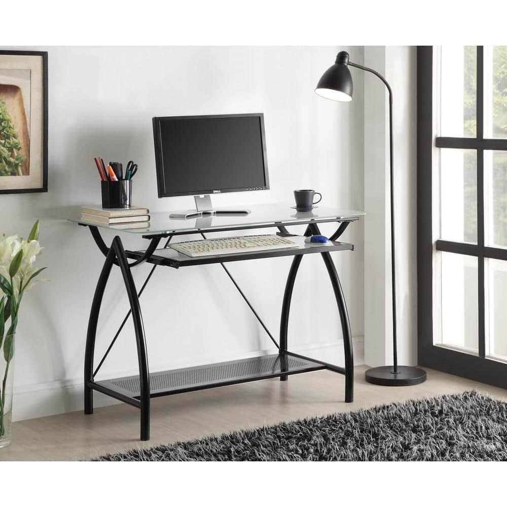 Black Steel and Glass Workstation with Keyboard Tray