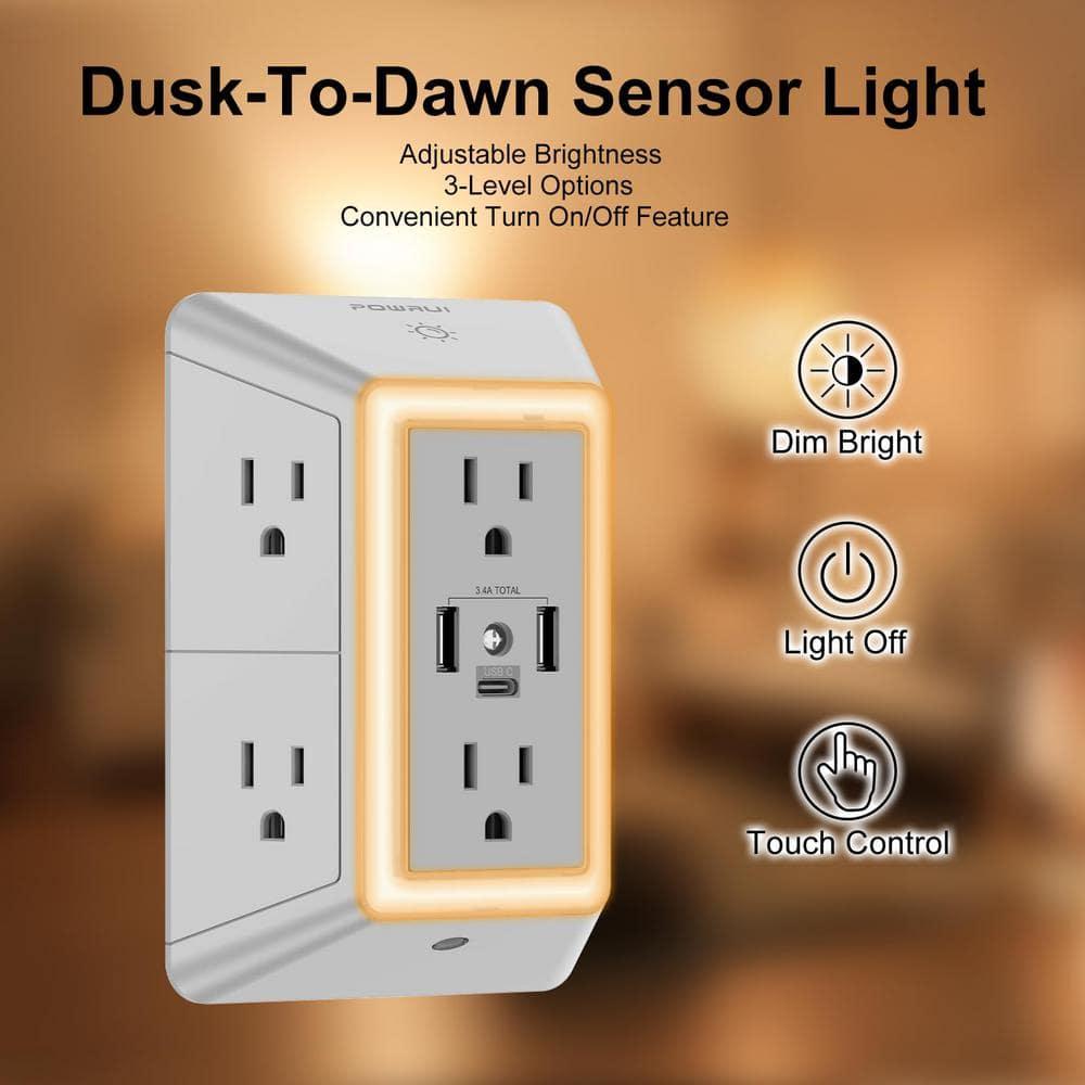 POWRUI Power Strip Surge Protector - 6 AC Outlets With 3 USB Ports (1 USB C), Night Light, 3-Sided Multi Plug Wall Extender With Spaced Outlets - Grey, ETL Listed
