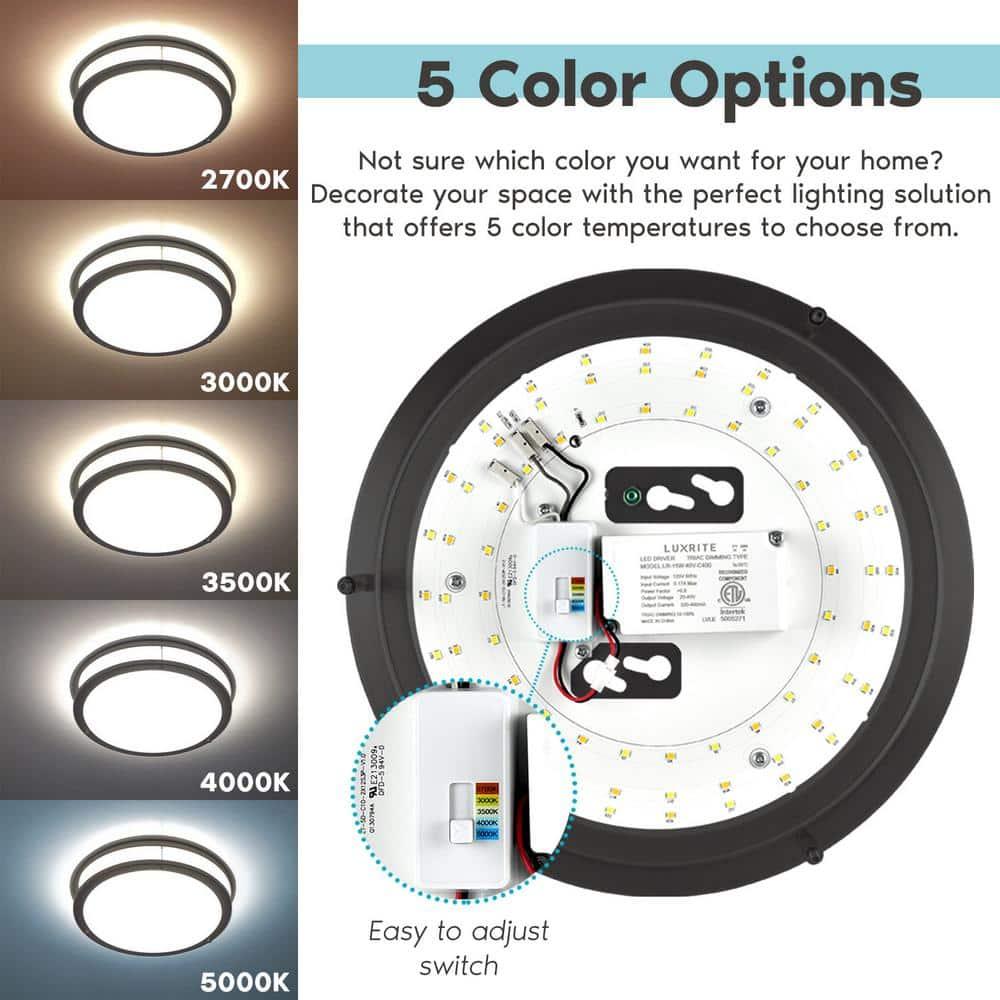 Luxrite 12 inch LED Flush Mount Ceiling Light, 5 Color Selectable 2700K-5000K, Dimmable, 14W, 1120 Lumens, ETL Listed, Matte Black