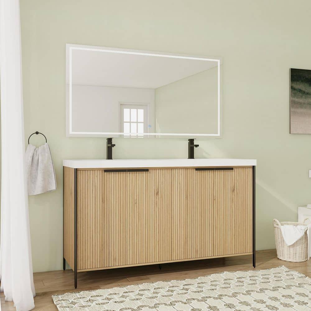 SSLine 24" Bathroom Vanity Cabinet Mid-Century Modern Under-Sink Cabinet Freestanding Bathroom Cabinet with Adjustable Storage Shelves,Natural Brown Stripe (Sink Not Include
