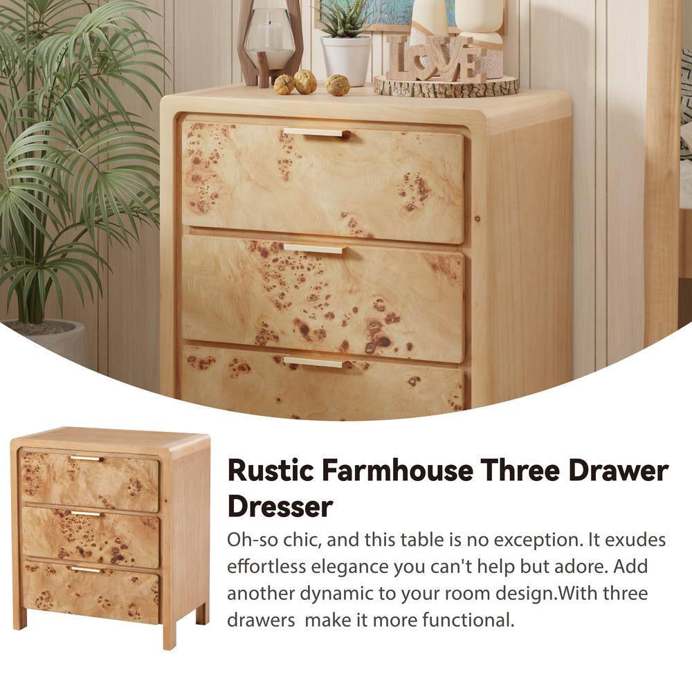 COZAYH Farmhouse 3 Drawer Dresser, Rustic Vintage Nightstand, Home Bedroom Wooden Side Table Burl Finish Vintage Accent, Natural