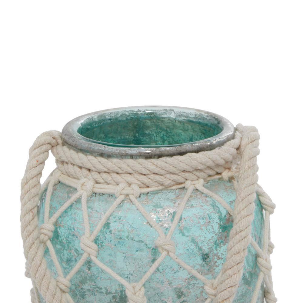 DecMode Blue Glass Decorative Candle Lantern with Rope Handle