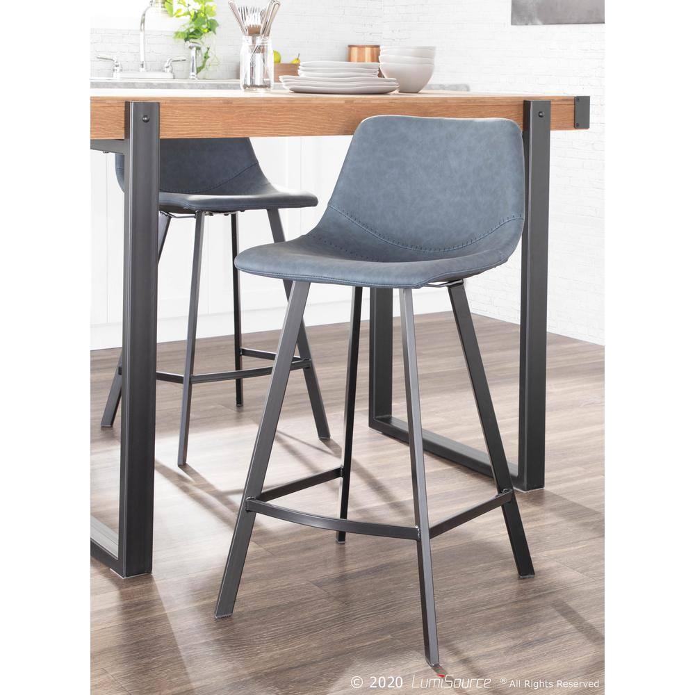 Set of 2 26" Outlaw Industrial Counter Height Barstool Blue - Lumisource: Faux Leather, Metal Legs, Footrest