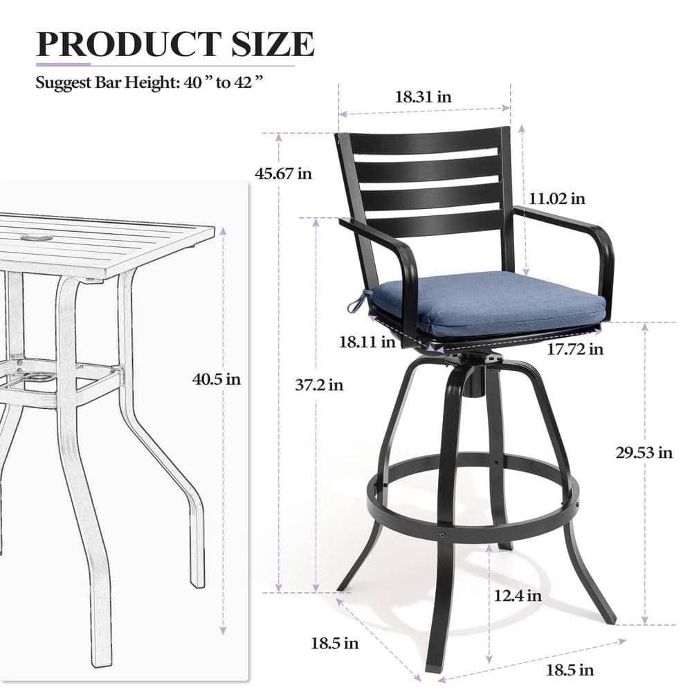 Crestlive Products Outdoor Bar Stools Set of 2  Aluminum Swivel Barstools with Sunbrella Cushion Cast Aluminum Patio High Chair Bistro Set Blue