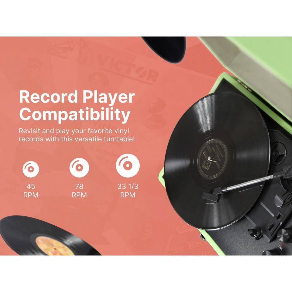 Victor Metro Plus Battery-Powered Bluetooth Suitcase Turntable | 3-Speed Vinyl Record Player with Built-in Stereo Speakers, Rechargeable Battery, RCA Output, Aux Input, and 45 RPM Adaptor, VSRP-850B