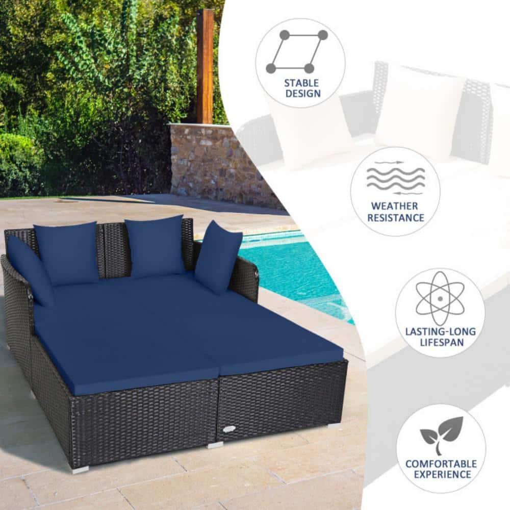 Costway Outdoor Patio Rattan Daybed Pillows Cushioned Sofa Furniture Navy