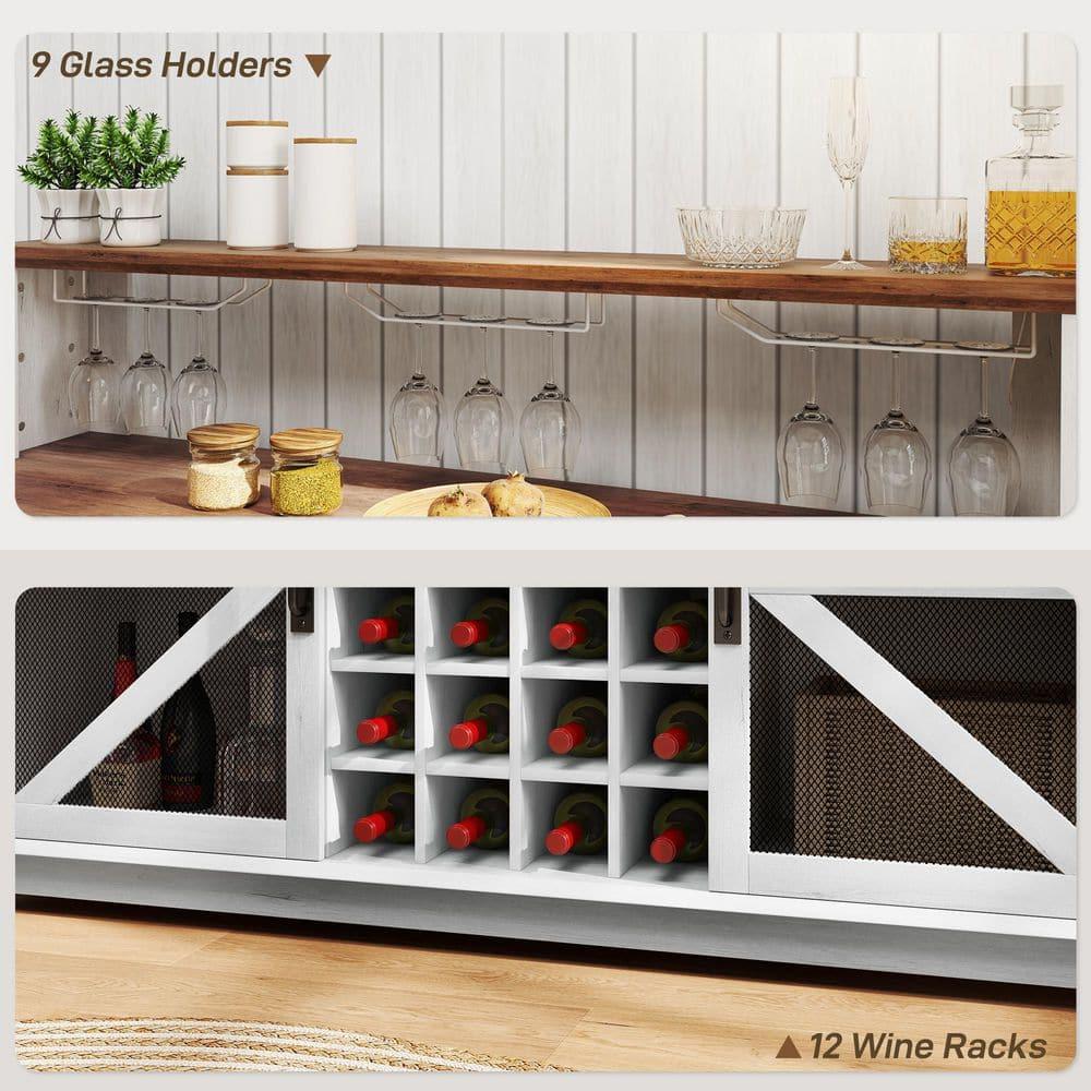 Homiyad 55" Coffee Bar Cabinet with Lights, Farmhouse Wine Cabinet with Wine and Glass Racks for Kitchen, Dining Room, White