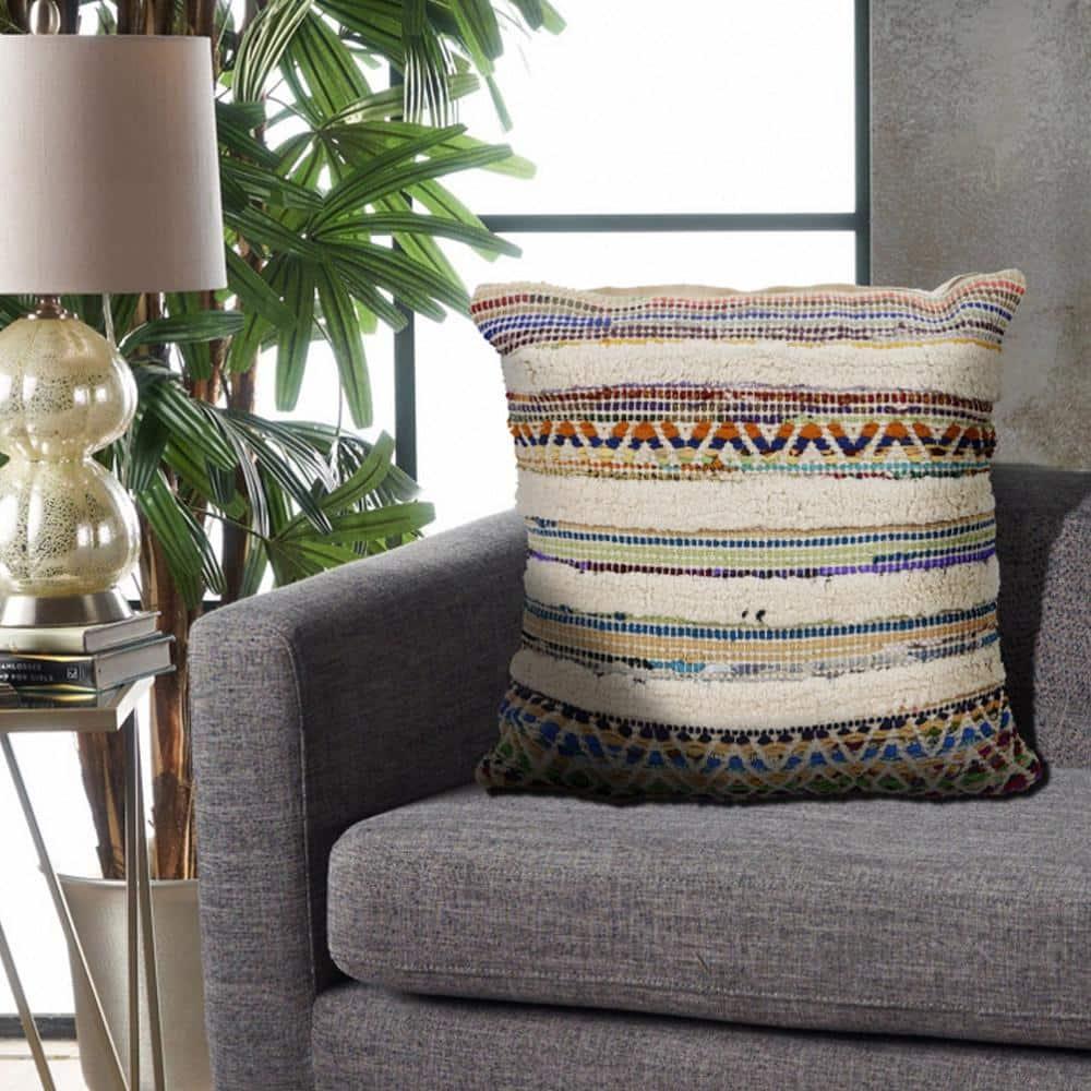 Evette Rios Dahlia Bohemian Multicolor Chevron Striped Chindi Handmade Pillow