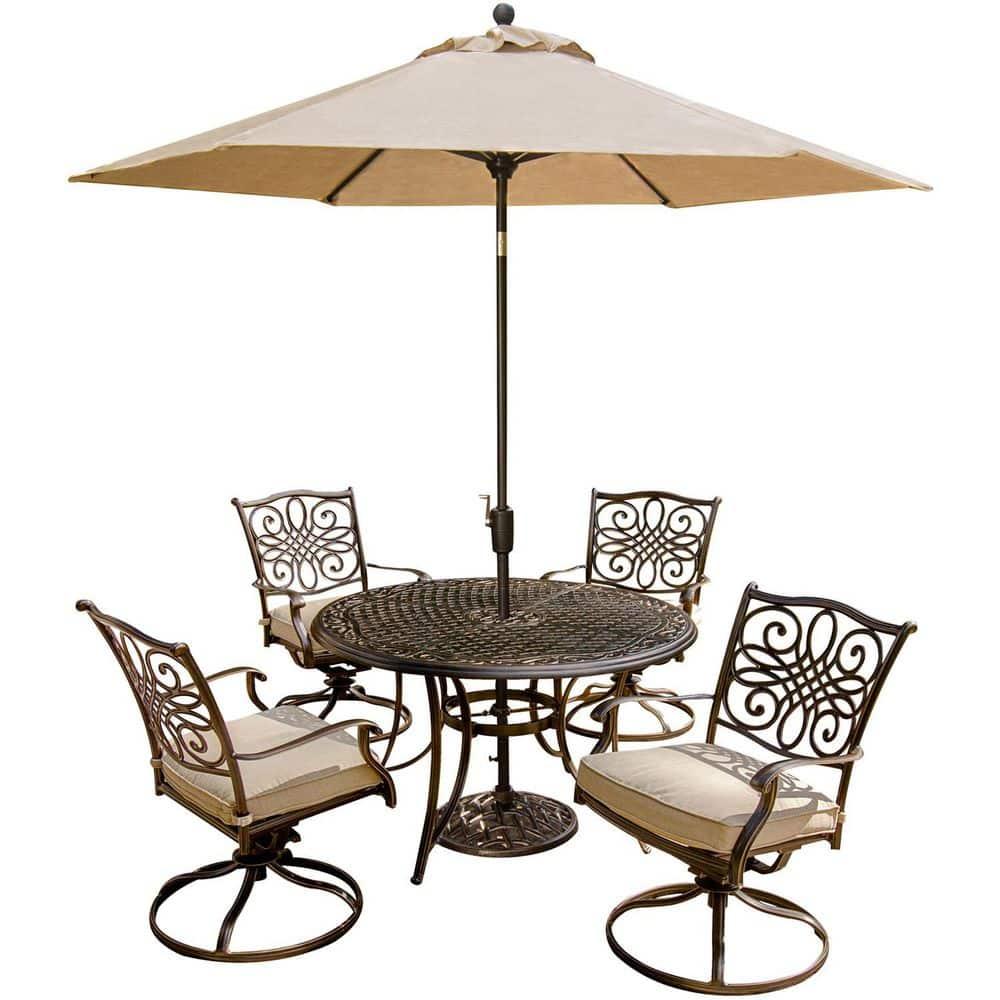 Hanover Traditions 5 Pcs Aluminum Outdoor Dining Set Seats 4 with Umbrella, Tan