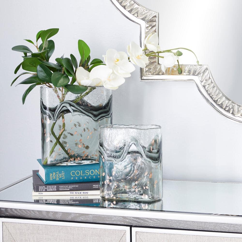 DecMode 9", 8"H Handmade Blown Gray Glass Vase with Speckled Wave Design, Set of 2