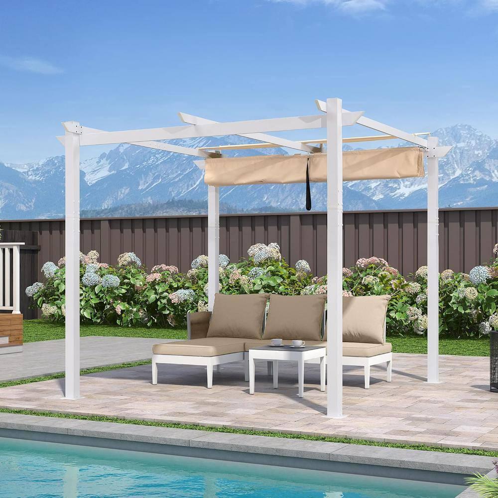 PURPLE LEAF 10' x 10' Outdoor Retractable Pergola with Double Sun Shade Canopy and White Heavy-Duty Aluminum Frame Patio Modern Adjustable Canopy Pergola for Garden Deck and Backyard, Khaki