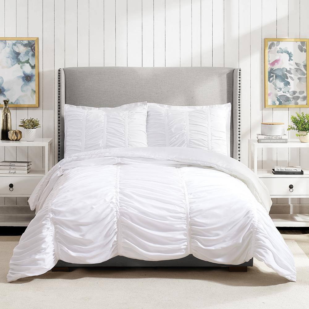 Emily Texture (White) 2-Piece Comforter Set, Ruched All Seasons Bedding, Machine Washable - Twin/Twin XL Size