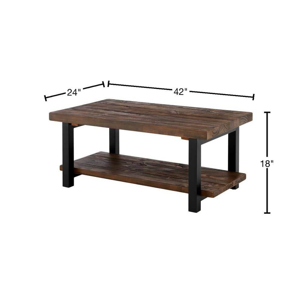 Alaterre Furniture 42" Pomona Wide Coffee Table Wood Rustic Natural: Fixed Shelf, Metal Frame, Living Room Furniture