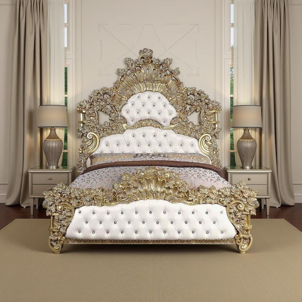 Benjara Rexx King Bed, White Faux Leather Victorian Carved, Classic Gold Wood