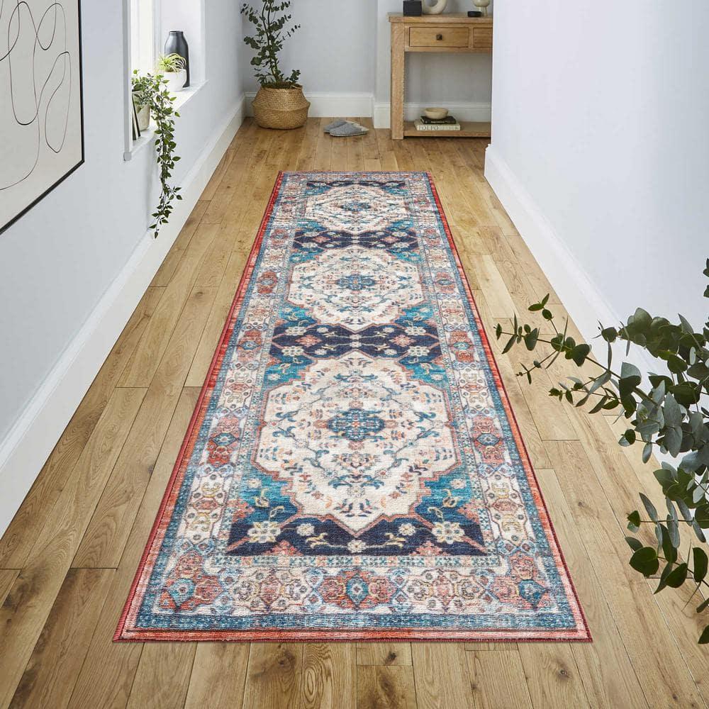 Ocean Medallion Navy 3 ft. x 9 ft. Machine Washable Traditional Indoor Area Rug
