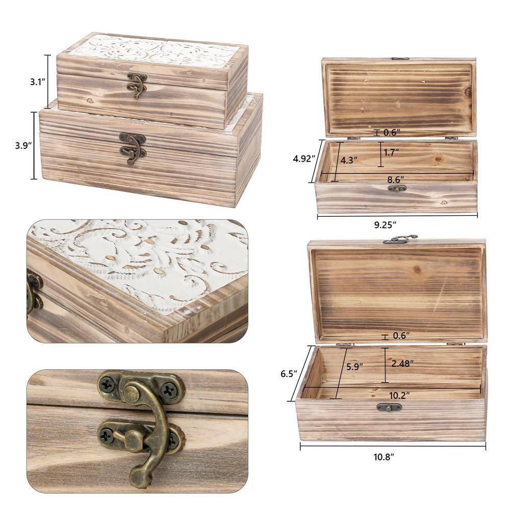 Wooden Box Set of 2 - Rustic Farmhouse Decorative Boxes with Hinged Lid and Carved Design
