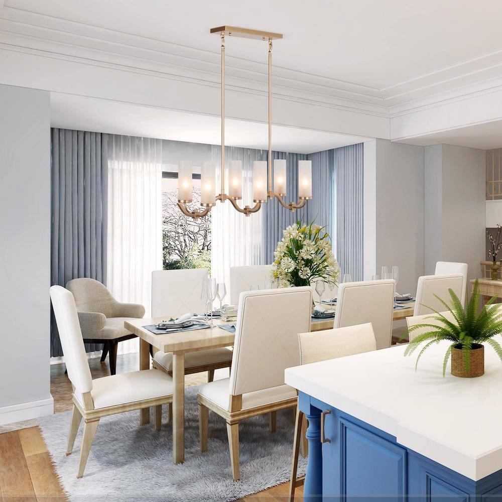 Modern Gold Linear Island Chandelier 6-Light Candlestick Chandelier with Cylinder Frosted Glass Shades