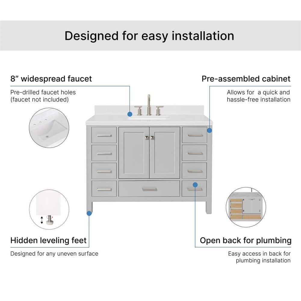 ARIEL 48" Grey Bathroom Vanity Base Cabinet, Single Sink Configuration, 2 Soft Closing Doors, 9 Full Extension Dovetail Drawers, Brushed Nickel