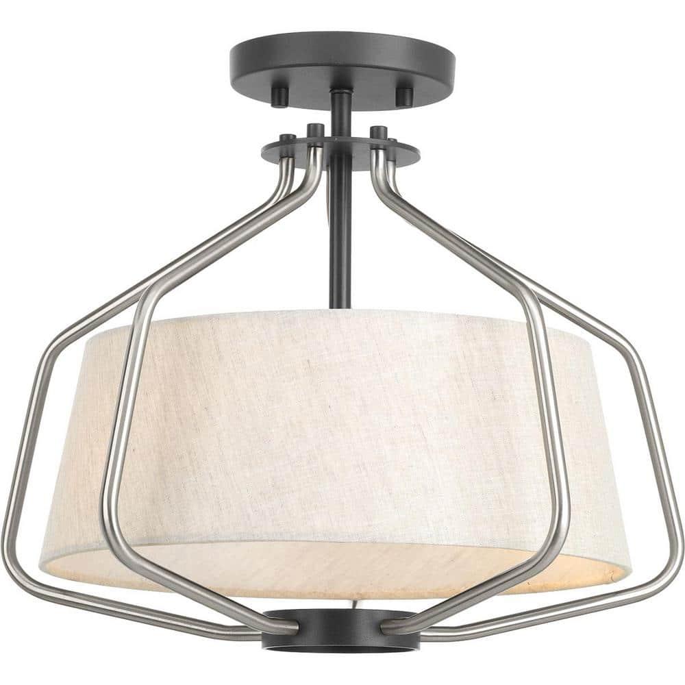 P350102-009-Progress Lighting-Hangar - Close-to-Ceiling Light - 2 Light - Drum Shade in Farmhouse style - 16 Inches wide by 13.25 Inches high-Brushed