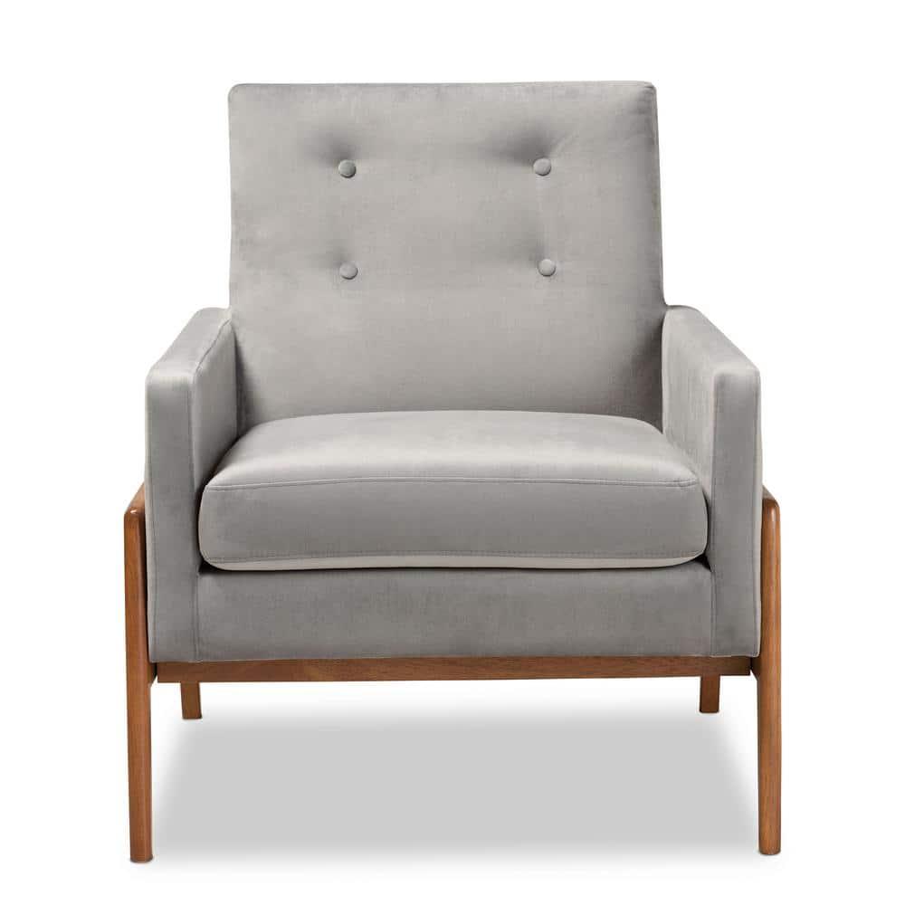 Perris Mid-Century Modern Velvet Fabric Upholstered Wood Lounge Chair Gray - Baxton Studio: Comfy Seating for Living Space