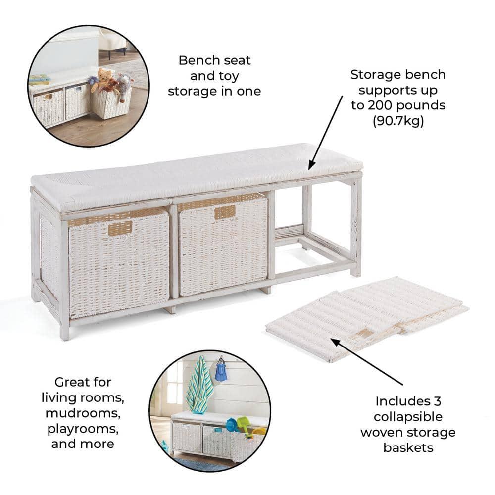 Kid''s Storage Bench With Woven Top And Baskets