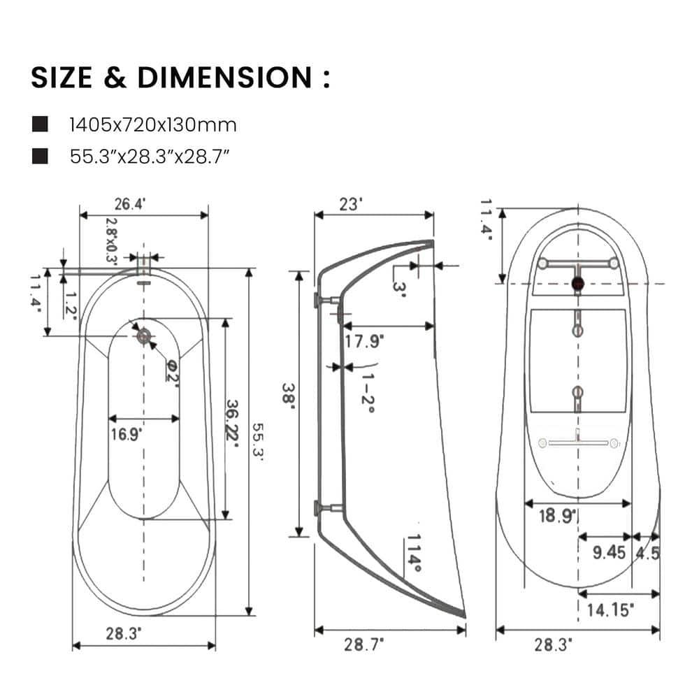 Maya 55" x 28" Freestanding Soaking Acrylic Bathtub